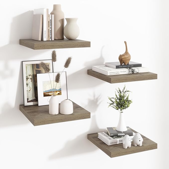 Fun Memories Square Floating Shelves for Wall - 12 Inch Deep Floating Shelves with Invisible Brackets, Grey Small Wall Shelf 