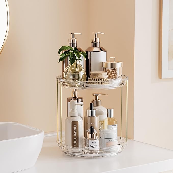 Delamu Rotating Makeup Organizer for Vanity, 2 Tier Skincare Organizer for Bathroom Counter, Spinning Perfume Organizer Cosme