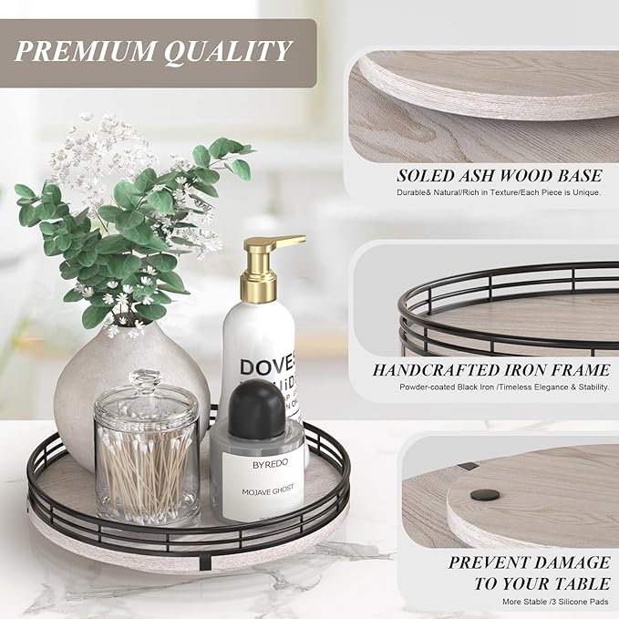 9" Wooden Lazy Susan Organizer for Cabinet, Turntable Round Decorative Tray for Kitchen Sink, Countertop Organizer, Bathroom 