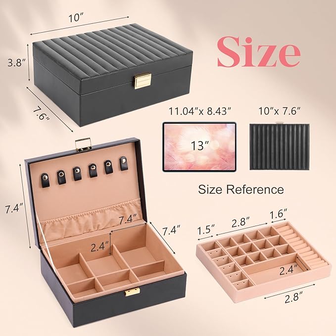 Gifturbo Jewelry Boxes for Women, Black 2-Layer Jewelry Organizer Box with Removable Tray, PU Leather Jewelry Storage Girls, 