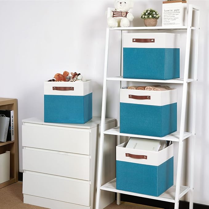 Temary Fabric Storage Bins - 12x12 Cube Baskets for Shelves & Closet with Leather Handles (White & Teal)