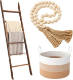 Novabright 3 Pcs Farmhouse Living Room Decoration Set with 5.6 Ft Wooden Blanket Ladder 20 x 13 Inches Large Woven Blanket Ba