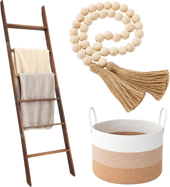 Novabright 3 Pcs Farmhouse Living Room Decoration Set with 5.6 Ft Wooden Blanket Ladder 20 x 13 Inches Large Woven Blanket Ba