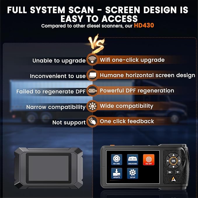 ANCEL HD430 Heavy Duty Truck Scanner, DPF Reset & Forced Regeneration for Cummins & Caterpillar Engine, Full System HDOBD