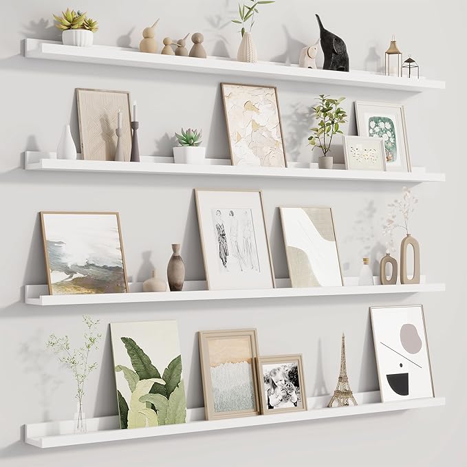 Fun Memories Picture Ledge Shelf for Wall, Floating Shelves Set of 4, 48 Inch Long Nursery Book Shelves for Toys Storage, Kid