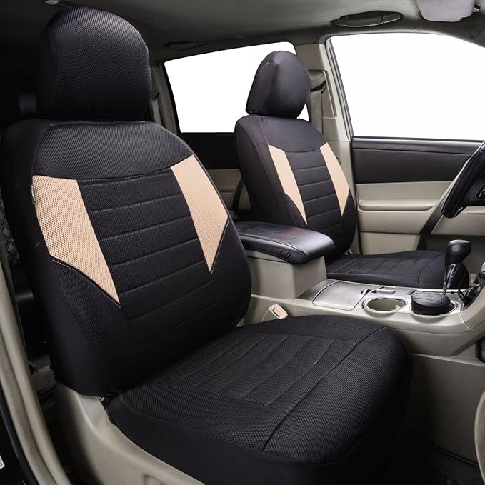 CAR PASS 6PCS Super Universal Fit Air Mesh Two Front Car Seat Covers Set Package-Fit for Vehicles,Suvs,Vans,Sedans,Airbag Compatiable (BLACK AND BEIGE)