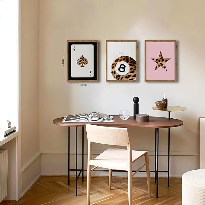 Pink and Black Leopard Wall Art, Lucky Girl 8 Ball Wall Decor Set of 3 Cheetah Lucky Star Poster Canvas Prints, Coquette Mode