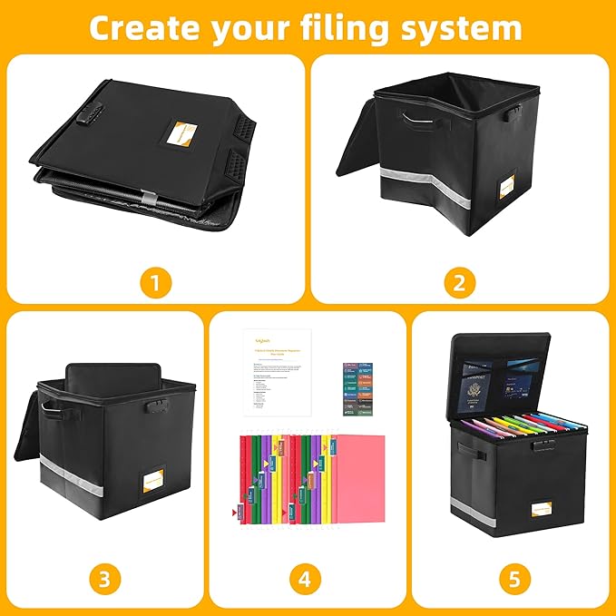 Medium Next of Kin Box Organizer with Smart Labels, Fireproof Foldable File Organizer with Combination Lock, 10 Hanging Files