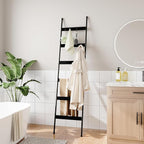 ELYKEN Blanket Ladder for Living Room, Farmhouse 6-Tier Quilt Holder with 4 Removable Hooks for Bathroom, Wood Towel Rack Dis