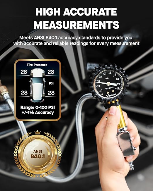 Vondior Tire Inflator with Pressure Gauge (0-100 PSI) with Large 2" Glow Dial- ANSI B40.1 Accurate, Premium Braided Hose, Durable Rubber Cover, Perfect for Car, Truck, Motorcycle, RV