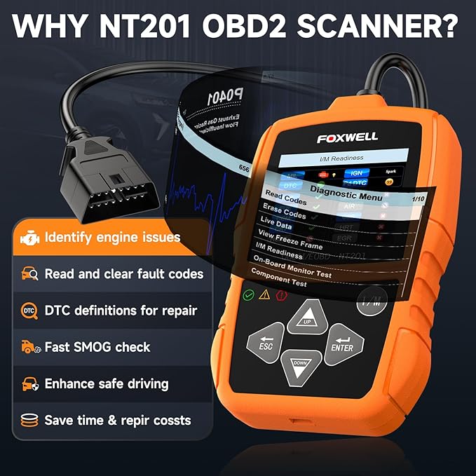 FOXWELL NT201 OBD2 Scanner Code Reader for Cars and Trucks - Reset Check Engine Light, Read and Clear Fault Codes, Live Data