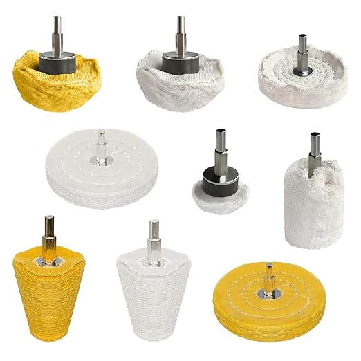 9Pcs Buffing Wheel for Drill, Polishing Wheel Set for Metal, Jewelry, Wood, Plastic, Stainless Steel, Chrome, Yellow & White Buffing Pads Polishing Tool Kit for Mirror Finish, Remove Rust