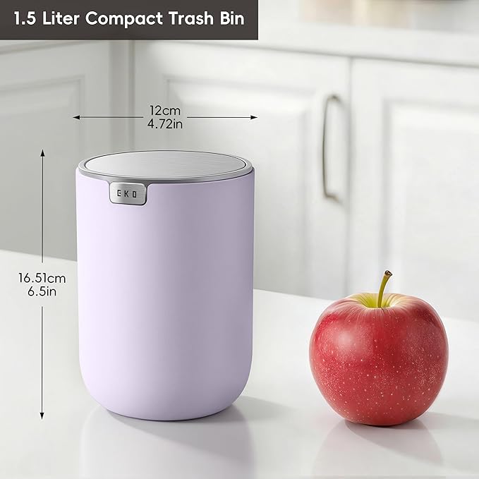 EKO Fandy 0.4 Gal/1.5L Mini Tabletop Trash Bin with Swing-Lid, Desktop Trash Can for Bathroom Countertop, Vanity, Coffee or Office, Small Garbage Bin (Lavender)