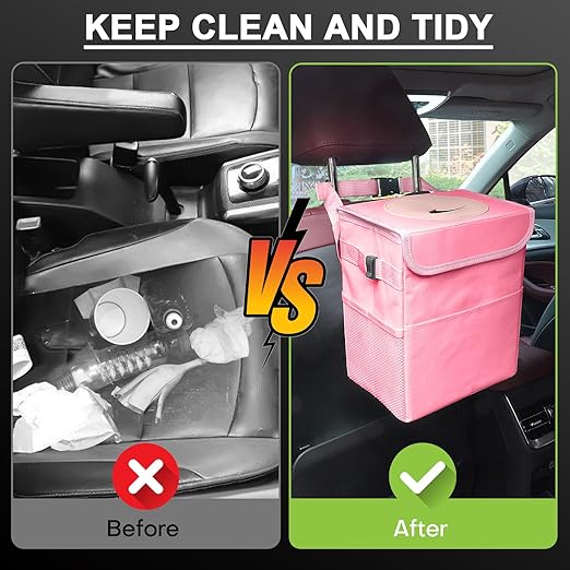 Car Trash Can Bin with Lid - Collapsible Car Garbage Can with Storage Pockets-Pink Mini Leakproof Vehicle Trash Bag-Small Automotive Organizers and Storage for Back/Front Seat SUV Truck Accessories