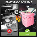 Car Trash Can Bin with Lid - Collapsible Car Garbage Can with Storage Pockets-Pink Mini Leakproof Vehicle Trash Bag-Small Automotive Organizers and Storage for Back/Front Seat SUV Truck Accessories