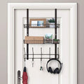 OYEAL Over The Door Hook Rack with 5 Hooks 2 Baskets Steel, Sturdy Durable Coat Rack Towel Hooks Hanging Organizer Shelves fo