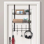 OYEAL Over The Door Hook Rack with 5 Hooks 2 Baskets Steel, Sturdy Durable Coat Rack Towel Hooks Hanging Organizer Shelves fo