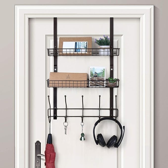OYEAL Over The Door Hook Rack with 5 Hooks 2 Baskets Steel, Sturdy Durable Coat Rack Towel Hooks Hanging Organizer Shelves fo