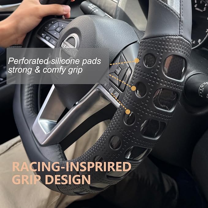PINCTROT D Shaped Race Grip Steering Wheel Cover, Anti Slip Silicone Perforated Design with Soft Touch Padding, Enhanced Grip for Sporty Driving Flat Bottom 14.5-15 Inch (Racing Black)