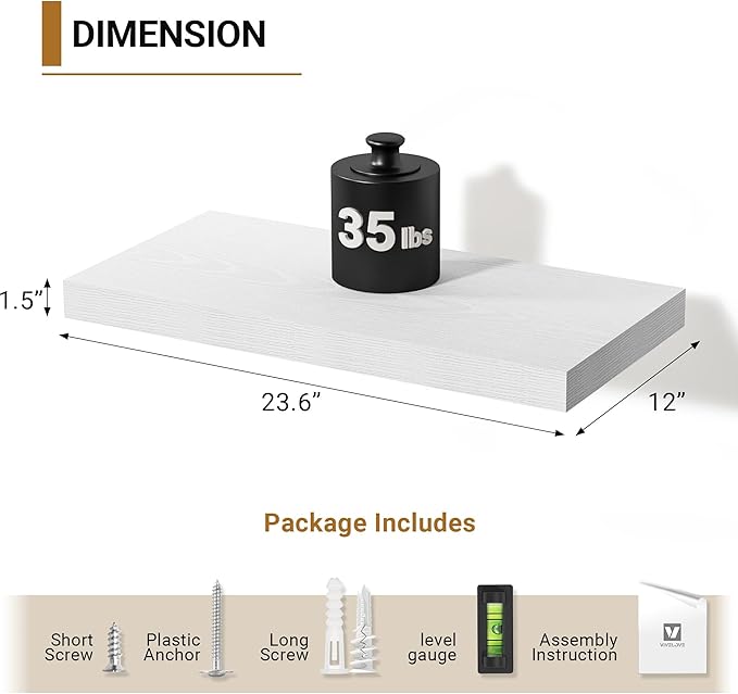 Vivelove White Floating Shelves 12 Inches Deep, [Wood Grain Texture] 24x12 Floating Shelves for Wall with Invisible Brackets,