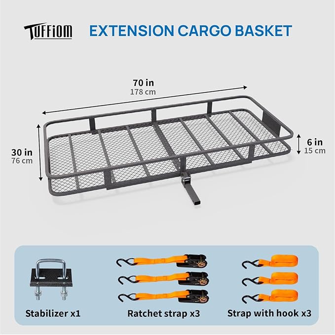 TUFFIOM 70"x30"x6" Folding Hitch Mount Cargo Carrier Basket, 500lbs Steel Car Cargo Trailer Hitch Luggage Rack, w/Straps+Stabilizer for SUV Truck Van
