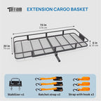 TUFFIOM 70"x30"x6" Folding Hitch Mount Cargo Carrier Basket, 500lbs Steel Car Cargo Trailer Hitch Luggage Rack, w/Straps+Stabilizer for SUV Truck Van
