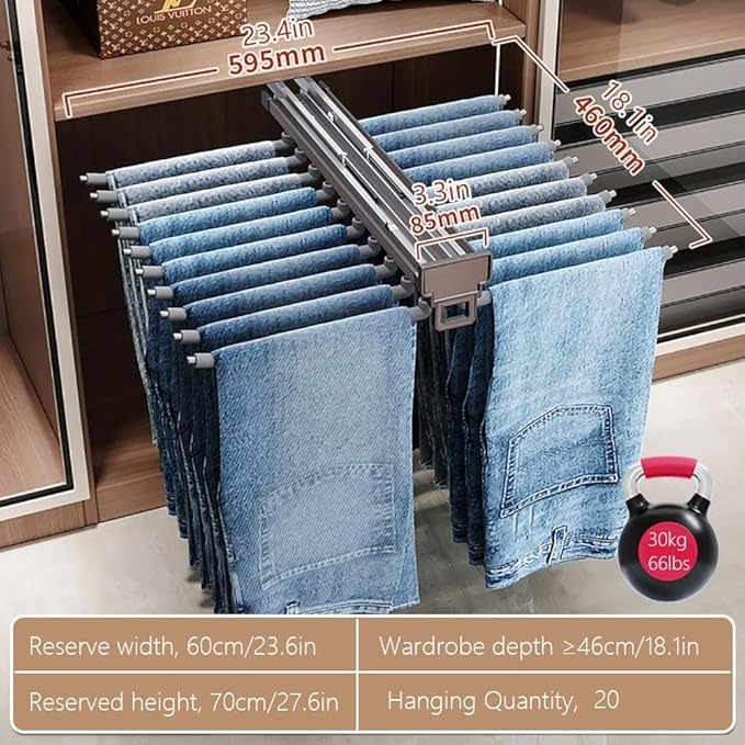 Pull Out Trouser Rack 16-24 Arms, Double Row Hanger, Extendable Pants Holder Sliding Closet Hanger Rail for Pants Clothes Org