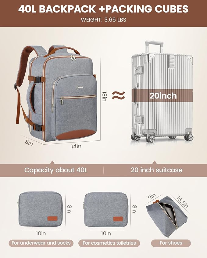 LOVEVOOK Travel Backpack for Women & Men 40L,Airline Approved Carry On Backpack Travel Essentials,TSA Carry on Luggage,Waterp