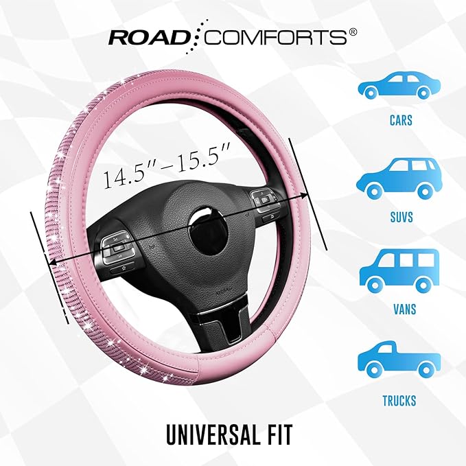 Road Comforts Bling Steering Wheel Cover – Pink Diamond Design, Universal Fit 14.5-15 Inch, Microfiber Leather, Anti-Slip & B