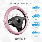 Road Comforts Bling Steering Wheel Cover – Pink Diamond Design, Universal Fit 14.5-15 Inch, Microfiber Leather, Anti-Slip & B