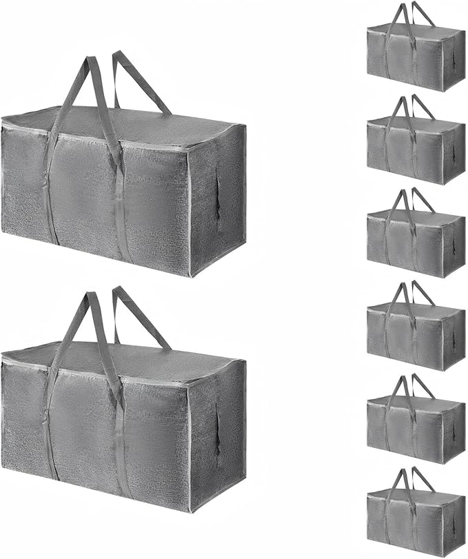 8 Pack-Extra Large Heavy Duty Moving Bags - Waterproof Storage Totes with Handles & Zippers, Foldable for College Dorm, Stora