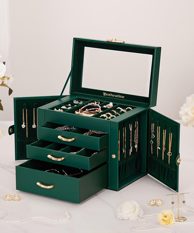 Enthralite Jewelry Box with 3 Drawers: Display Organizer for Earrings Necklaces - Gifts for Girls Women (Forest Green)
