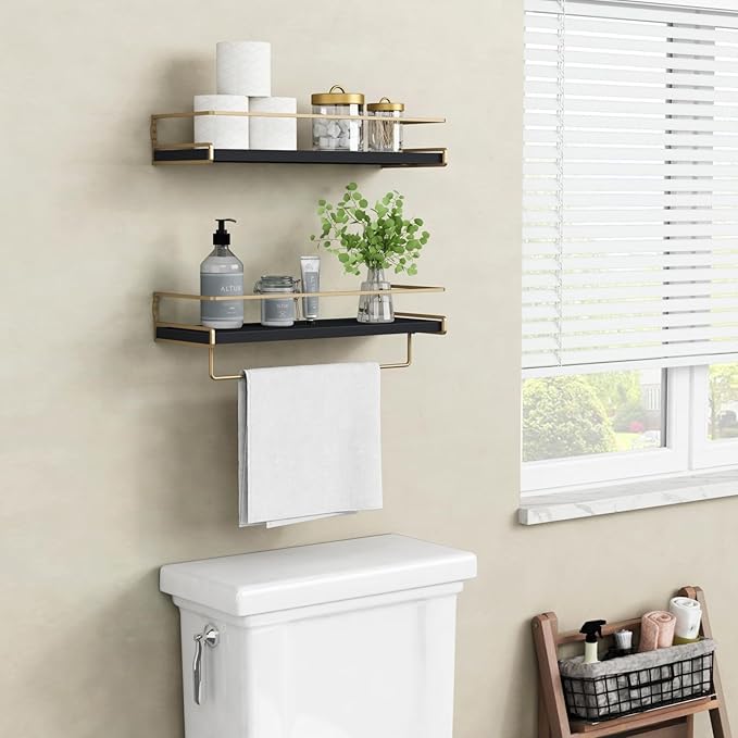 Forbena Black and Gold Bathroom Floating Shelves for Wall, Decorative Wall Mounted Shelves for Kitchen Coffee Bar Station Org