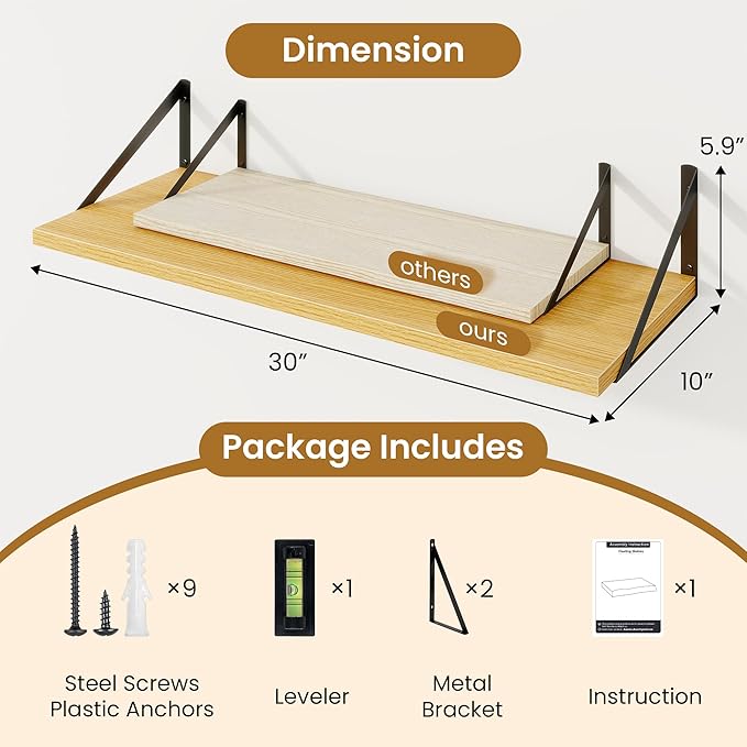 Deep Floating Shelves for Wall,30" Wx10 D Wood Floating Shelf Set of 2,Sturdy Metal Bracket Wide Display & Storage,Wall Mount