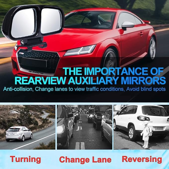Blind Spot Mirror, Double Glass Adjustable Rear View Wide Angle Mirrors for Most Cars Truck SUV, 1 Piece (Black-Left)
