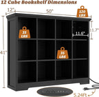 Aheaplus Wooden 12-Cube Storage Organizer with Charging Ports, Modern Cube Bookcase with Base, 4-Tier Floor Standing Open Cub