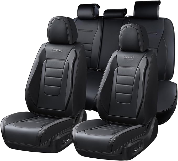 Coverado Seat Covers Full Set, Car Seat Cover Black, Seat Covers for Cars, Car Seat Protector, Nappa Leather Car Seat Cushion
