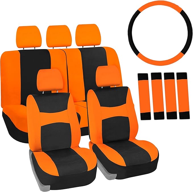 FH Group Full Set Cloth Car Seat Covers , Universal Fit combo, Low Back Front Seat Covers, Airbag Compatible, Split Bench Rea