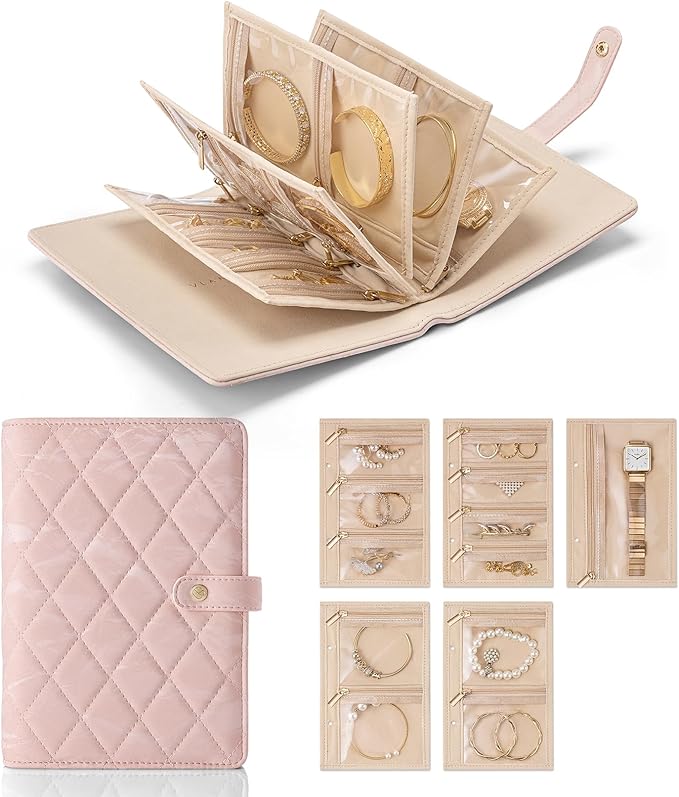 Vlando Travel Jewelry Organizer Case,Jewelry Storage Book Ring Binder with Clear Zipper Velvet Pouch Bag for Travel Essential