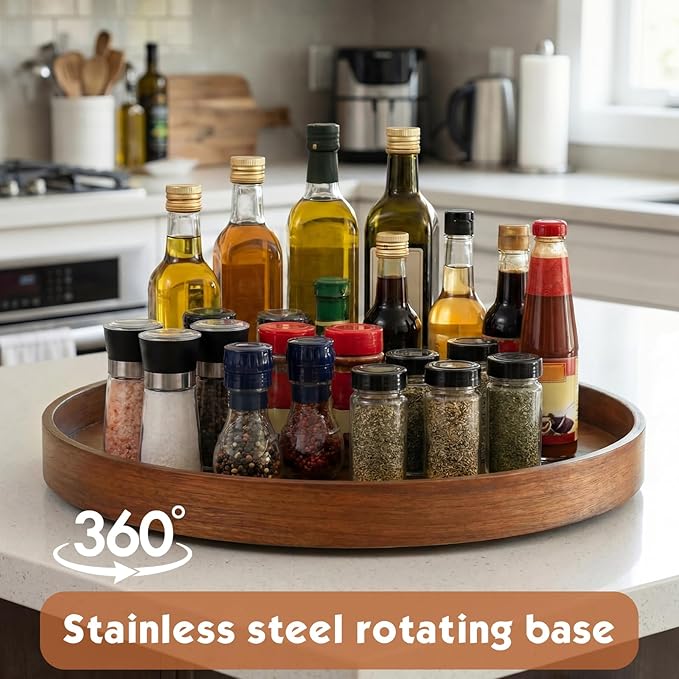 Leinuosen 20'' Walnut Wood Lazy Susan for Countertop Large Turntable Rotating Serving Tray for Table Top Non Skid Kitchen Tra