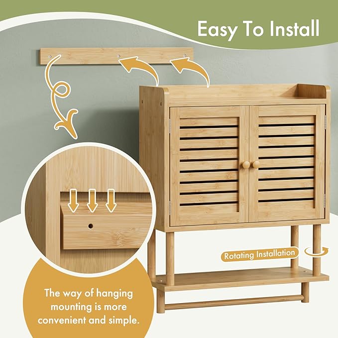 AmazerBath Bathroom Wall Cabinets, Large Bamboo Medicine Cabinets with Towel Bar, Hanging Over Toilet Storage Organizer Cabin