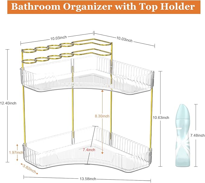 Webetop Corner Makeup Organizer for Vanity, 2 Tier Bathroom Cosmetics Organizer Countertop with Make up Brush Holder Corner C