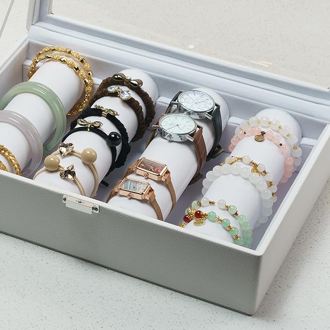 Bracelets Organizer Rods Bangles Display Holder, Clear See through Lid Leather Velvet Jewelry Storage Box Case for Women, 4 R