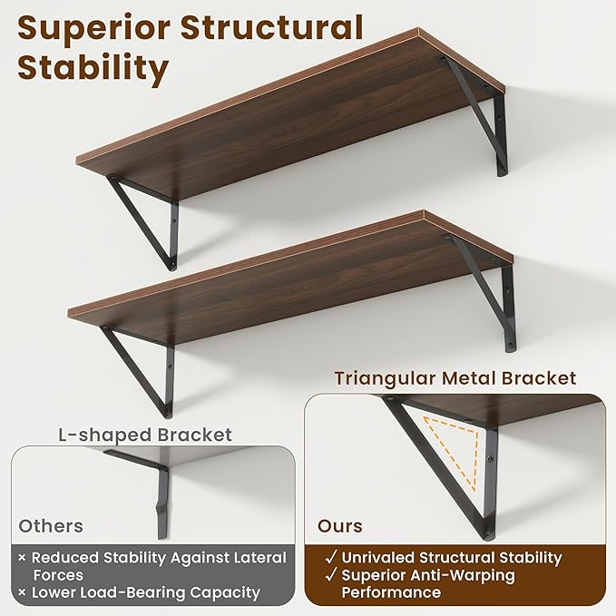 8" Deep Floating Shelves for Wall,16 inch Wood Wall Shelves Set of 2,Wide Floating Bookshelf with Sturdy Metal Brackets,Hangi