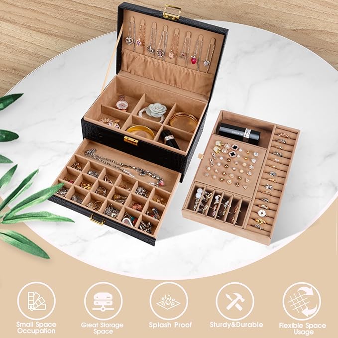 Gifturbo Jewelry Box for Women,Jewelry Boxes for Girls, 3 Layers Large Travel Jewelry Storage Organizer Box for Earring,Ring,