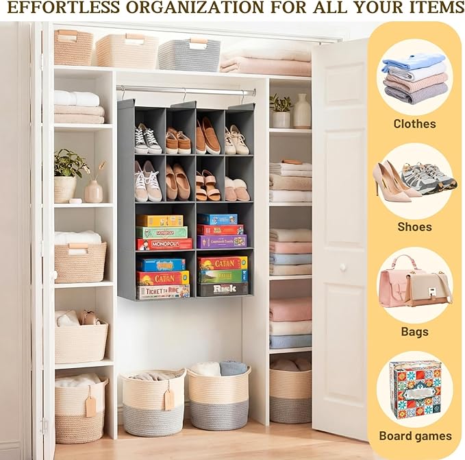 Ofiray-home 4 Tier Hanging Closet Organizer, 12 Compartments Sweater Organizer for Closet with 3 Sturdy Hooks, Closet Organiz