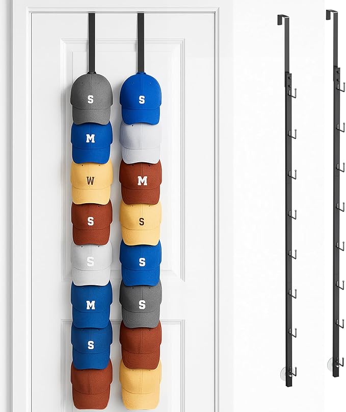 SWTYMIKI Over Door Hat Organizer - 2 Packs Metal Wall Mounted Hat Rack with 16 Hooks Design, Hanging Baseball Cap Organizer S