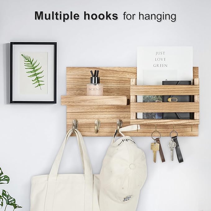Lwenki Mail Organizer for Wall Mount – Key Holder with Shelf Includes Letter Holder and Hooks for Coats, Dog Leashes – Rustic