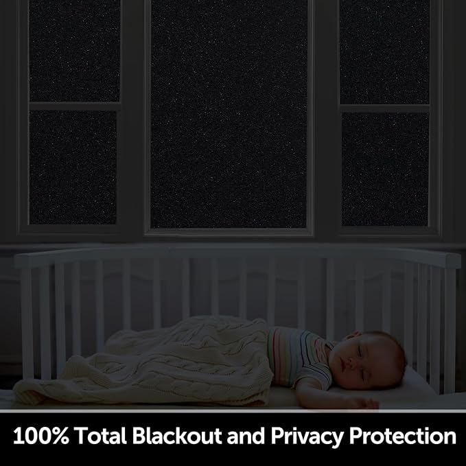 HIDBEA Blackout Window Film,100% Light Blocking Room Darkening Window Privacy Film,Frosted Glass Window Film Heat Control, Removable Window Cover Tint for Day Sleep (Black,17.5in x 6.5ft)
