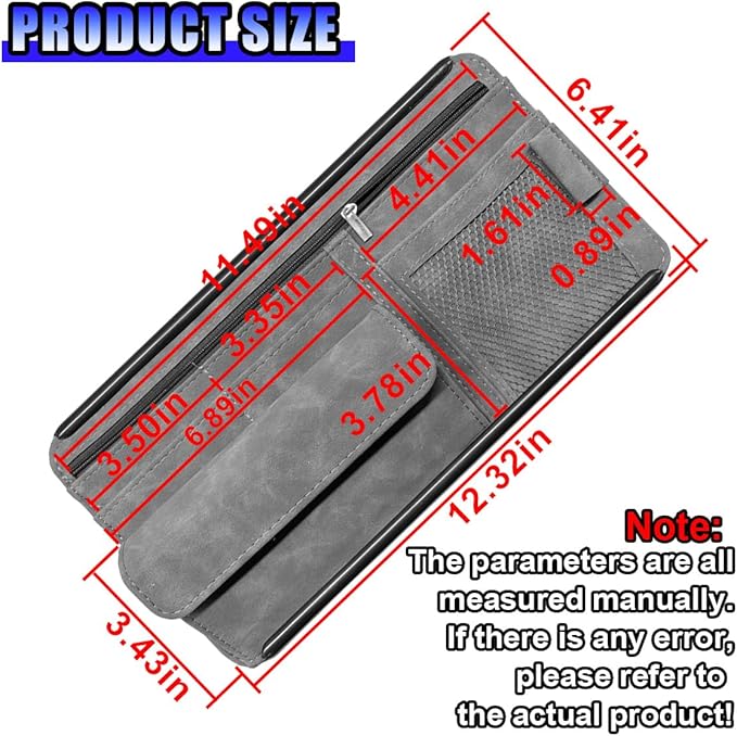 Car Sun Visor Organizer, Leather Multi-Pocket Glasses Card Holder with Zipper, Waterproof Scratch-Resistant Sunshade Storage Bag, Universal Auto Interior Accessory for Car/Truck/SUV (Grey)